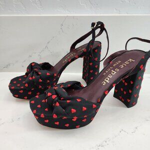 EUC Kate Spade Black & Red Heart Ankle Strap Platform Block Heels 8.5